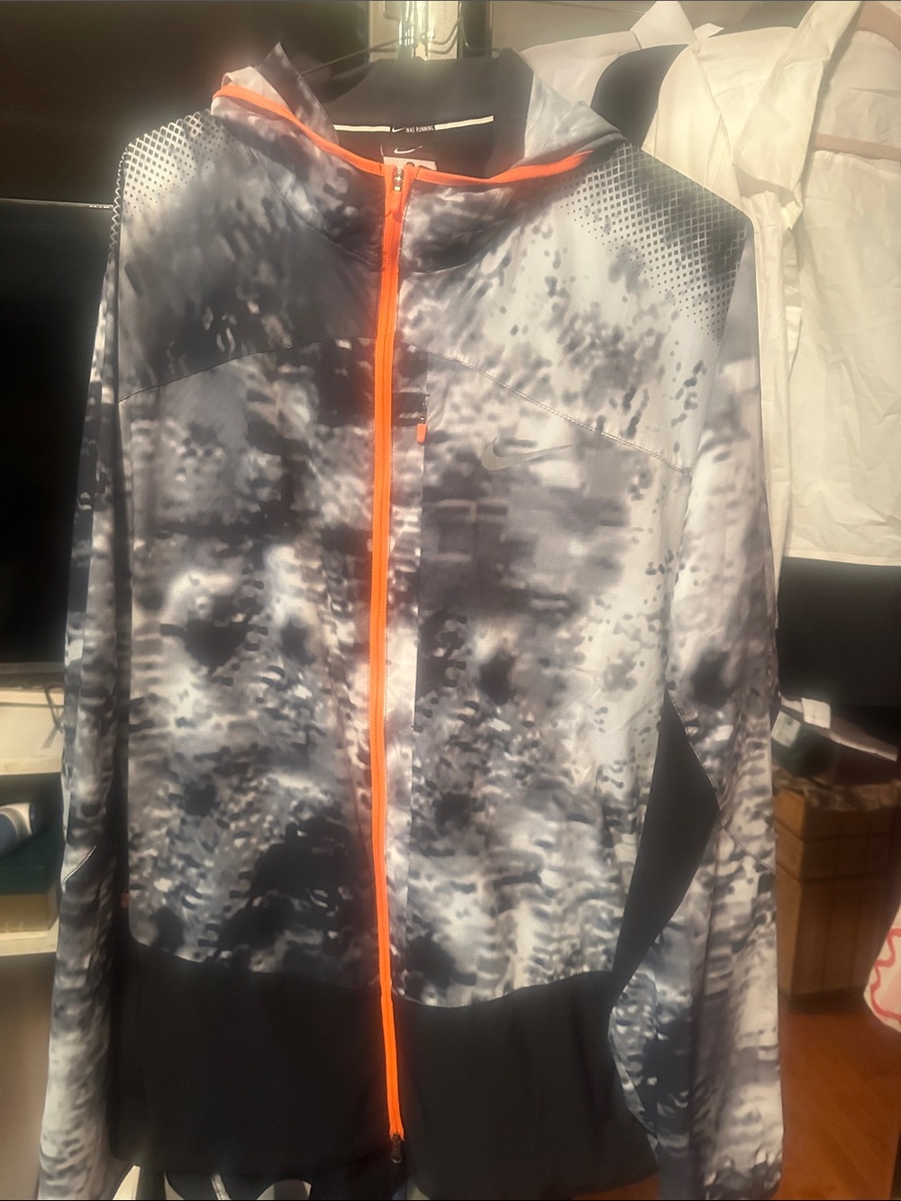 Gray & Black Patterned Hooded Jacket with Orange Zip